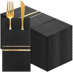 100 Pieces Black Dinner Napkins Cloth Like with Built in Flatware Pocket Gold Trim Lined Disposable Linen Feel Dinner Napkins Black and Gold Napkins Pre Folded Paper Napkins Parties Dinners or Events