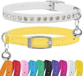 Petinstinct 2 Pack Cat Collars with Bells, Rhinestones Leather Cat Collar with Elastic Strap, Kitten Collar, Adjustable Diamond Cat Collar for Girl Boy, 7.5" - 11.5",Yellow and White