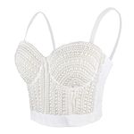 ELLACCI Woment's Pearls Beaded Bustier Crop Top Club Party Sexy Corset Top Bra White Large