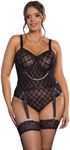 ohmydear Sexy Lingerie for Women Sets Plus Size Black Suspender Belt Underwired Bodysuit Mesh See Through Leotard Teddy Babydolls with Widen Garter Size 16-18