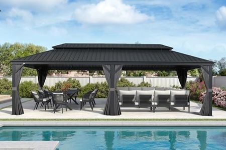 PURPLE LEAF 12' X 28' Large Hardtop Gazebo Aluminum Gazebo with Galvanized Steel Double Roof for Patio Lawn and Garden, Curtains and Netting Included Grey