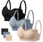 Angelhood Nylon Blend Womens Seamless Sleep Nursing Bra,breastfeeding Maternity Bra With Remove Bra Pads Extenders Pack of 3, Black/blue/beige, Large