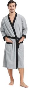 FashGudim Mens 100% Cotton Robe Lightweight Summer Bathrobe Soft Weave Kimono Bath Robe, Grey/Black, XX-Large-3X-Large Plus Tall