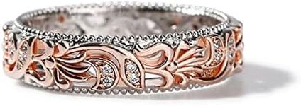 Jeulia Floral Ring Band Sterling Silver Two Tone Leaf Carved Vintage Unique Hollow Flower Rose Gold Jewelry Engagement Wedding Bridal Sets Stackable Anniversary Promise with Gift Box (Floral, 7)