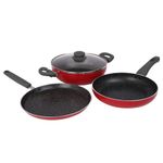 Prestige Omega Deluxe Granite Non-Stick Cookware 3 Pc Set| PFOA Free 5-Layer Coating | Omni Tawa 25 cm | Fry Pan 24 cm | Kadai with Glass Lid 24 cm | Crimson Red