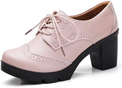 DADAWEN Women's Classic T-Strap Platform Mid-Heel Square Toe Oxfords Dress Shoes Pink US Size 4.5