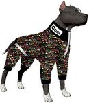 LovinPet Pet Onesies, Post Operative Jumpsuit for Dogs Apparel, Full Coverage Dog Onesie with Reflective Strap, Elastic Neon Jungle Animal Names Black Prints Pajamas for Big Dogs XXL