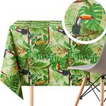 KP HOME Textil Feel Tropical Jungle PVC Wipe Clean Table Cloth Rectangular 250x140 cm | 98x55 In - 8 Seats Wipeable Tablecloth - Waterproof Vinyl Oilcloth With Toucan Birds And Green Palm Leaves