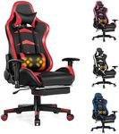 Costway Ergonomic Gaming Chair,High Back Racing Computer Chair w/Headrest&Lumbar Support&Massage,Retractable Footrest,Height Adjustable Reclining Backrest,PVC Leather Swivel Office Chair (Red)