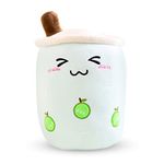 Genchi Plush Pillow Bubble Tea Plush Cartoon Pet Pillow Animal Stuffy for Baby Kids Children Boys and Girls, Cute and Soft Kawaii Toy Plushies, Doll Plush Anime Figurine (Green Apple Wink, 24cm)