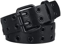 Alphyly Neries Mens Grommet Leather Belts, Double Prong Buckle Belt, Vintage Punk Jeans Belts, Black Belt For Waist Under 32''