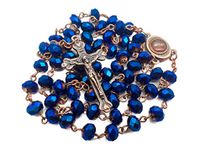 Nazareth Store Deep Blue Crystal Beads Rosary Necklace Catholic Prayer Jerusalem Holy Soil Medal Cross Holy Land Antique Religious Rosaries Beads Collection, 1.6" x 1" x 17", Glass