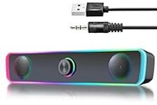 Computer Speakers for Desktop, Bluetooth 5.3 PC Speakers, USB Powered Computer Soundbar with LED RGB Light, HiFi Stereo, Knob Volume Control, 3.5mm Aux Input Mini Wired Speaker for Monitor, Laptop, PC