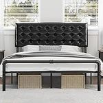 Yaheetech Queen Bed Frame Metal Platform Bed with Faux Leather Height-Adjustable Headboard, 12 Inch Underbed Storage/Noise Free/No Box Spring Needed/Industrial Pipe Foot End, Elegant Black Queen Bed