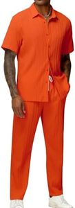 LecGee Men's 2 Piece Vertical Striped Textured Outfits Summer Casual Button Down Shirts And Pants Matching Sets(Orange,X-Large)