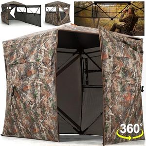 HUNTSEN Hunting Blind 360 Degree See Through Ground Blind with Full Open Door - 2-3 Person Pop Up Hunting Tent with Carrying Bag for Deer & Turkey