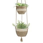 PinnacleT1 Natural Seagrass Flower Hanging Pot Holder, Indoor Outdoor Woven Plant Hanger, Double Macrame Home Balcony Garden Embellishment Wall Art