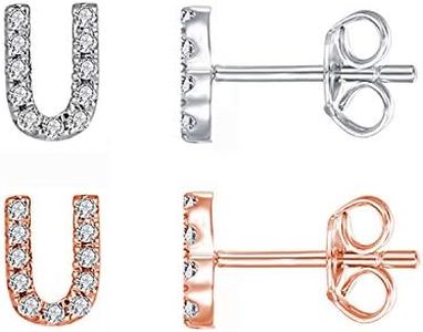2Pcs 26 Alphabet Initial Stud Earrings for Women Letter Inlaid Cubic Zirconia Dainty Jewerly Set (U)