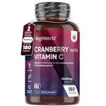 Cranberry Capsules High Strength 50000mg per 2 Capsules - 180 Vegan Capsules with Vitamin C - Alternative to Cranberry Tablets - Easy to Swallow - Concentrated Cranberry Supplements for Women & Men