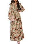 BLENCOT Women Dress Casual Boho Floral Printed Deep V Neck Loose Long Sleeve Long Evening Dress Ruched Maxi Wedding Guest Dresses Apricot X-Large