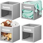 mDesign Fabric Nursery/Playroom Closet Storage Organizer Bin Box with Front Handle/Window for Cube Furniture Shelving Units, Hold Toys, Clothes, Diapers, Bibs, Jane Collection, 4 Pack - Gray/White