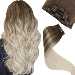 LaaVoo Ombre Human Hair Clip in Extensions Light Brown to Blonde Clip in Hair Extensions Real Hunan Hair Ombre Hair Extensions Clip ins Double Weft Silky Soft 22 Inch 5pcs/80g