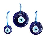 Demiwares Evil Eye Protection Charm with Elegant Rope Hanger, Glass Wall Hanging Home Decor for Good Luck and Blessings, Handmade Turkish Ornament (Triple Value Pack - 4cm, 7cm, 8.5cm)