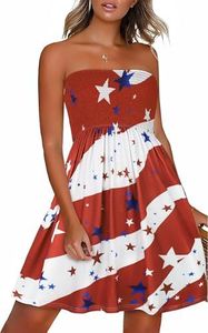 CHICGAL Womens Summer Dresses Casual Strapless American Flag Printed Sundresses Beach Cover Ups(Floating Flag,XL)