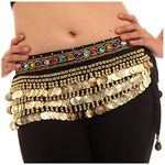 VRITRAZ Women's Velvet Belly Dance Hip Scarf Waistband Belt Skirt with Multi color beads and 248 Ringy Golden Coins 248 Black