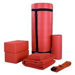 BalanceFrom 7-Piece Home Gym Yoga Set with 1-Inch Thick Yoga Mat, 2 Yoga Blocks, Mat Towel, Hand Towel, Stretch Strap & Knee Pad, Red