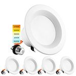 LUXRITE 4 Inch LED Recessed Can Lights, 10W=60W, CCT Color Selectable 2700K | 3000K | 3500K | 4000K | 5000K, Dimmable Retrofit Downlights, 750 Lumens, Energy Star, Wet Rated, ETL Listed (4 Pack)