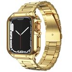 Compatible with Apple Watch Band and Case, Stainless Steel Metal Chain with TPU Cover, Smart-Watch Link Bracelet Strap, Wrist-Band for i-Watch Series 9 8 7 6 5 4 3 2 1 SE, 45mm 44mm 42mm, Gold