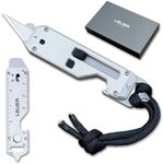 Lever Gear Edge XT - Mini Utility Knife Keychain Multitool w/ 10 Tools - Retractable Razor Blade Mini Box Cutter OTF Knife - Small EDC Pocket Knives For Men Gift (Silver-Blk)