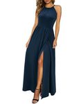 KILIG Women's Formal Dresses Casual Halter Neck Solid Color Maxi Dress Sleeveless Beach Split Long Dress (Navy, Medium)