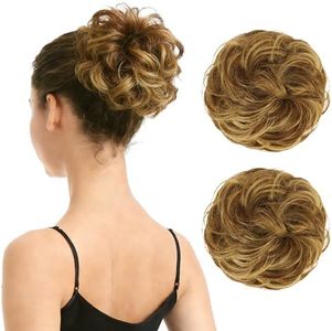 BARSDAR 100% Human Hair Bun Extension - 2 PCs Real Human Hair Messy Bun Hair Pieces Hair Bun Extensions for Women - Real Human Hair Bun Scrunchies Hairpieces Updo Chignons Daily - Brown & Blonde