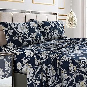 Tribeca Living Twin XL Bed Sheet Set, 300 Thread Count Soft Cotton Sateen, Floral Print with Extra Deep Pockets, 3-Piece Bedding Set, Colmar Navy Blue/Multicolor