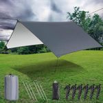 Reibeny Camping Tarp Waterproof, Hammock Rain Waterproof Fly Tent Tarp, UV Protection and PU 4000mm Waterproof, Lightweight Tarp for Camping, Outdoor Backpacking, Hiking Survival Shelter, Grey, 3x3M