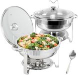 VEVOR Chafing Dish Buffet Set, 5 Qt 2 Pack, Stainless Steel Chafer w/ 2 Full Size Pans, Round Catering Warmer Server w/Vented Glass Lid Water Pan Stand Fuel Holder Hook Spoon, at Least 4 People Each