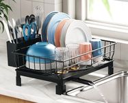 iSPECLE Dish Drainer Rack - Small Dish Drying Rack with Draining Board, Compact Dish Rack Drainer with Drain Spout and Cutlery Holder for Kitchen Counter or in Sink, Black