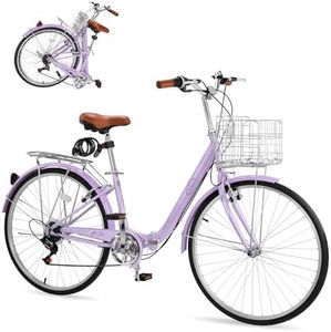 CamPingSurvivals Foldable Cruiser Bike 7-Speed Cruiser Bike 26Inch Women Bicycle with Ergonomic Upright Frame, Effortless 7-Speed Shifting and Lightweight Design for Adult Men and Women (Purple)
