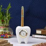 SAUDEEP INDIA Tooth Shape Dentist Desk Marbel Table Clock for Decor and Paper Weight, Ideal Gift for Dentists and Doctors (Clock with Pen Stand)