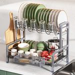 romision Dish Drying Rack and Drainboard Set, 2 Tier Large Stainless Steel Sink Organizer Dish Racks with Cups Holder, Utensil Holder, Dish Strainer Shelf for Kitchen Counter, Silver