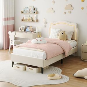 GarveeHome Twin Bed Frame Kids Beige Princess Platform Bed with RGB LED Lights and Velvet upholstered Bear-Shaped Height-Adjustable headboard,no Box Spring Needed,Wooden slats Support Easy Assembly