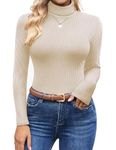 Ekouaer Women's Turtleneck Shirts Long Sleeve Tees Lightweight Thermal Underwear Tops Ribbed Pullover Sweater Beige S