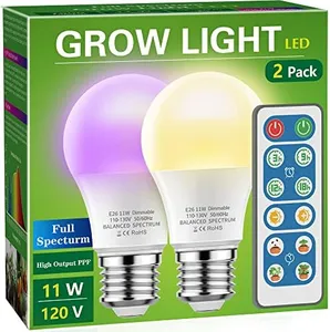 Briignite Grow Light Bulbs, 4 Full Spectrum Growth Modes, 3/9/12/18H Timing, A19 Dimmable Plant Light Bulb E26 Base, 11W Grow Bulb 100W Equivalent, Grow Light for Indoor Plants, Seed Starting, 2Pack