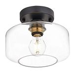 Semi Flush Mount Ceiling Light, Clear Glass Shade, Brass Accent Socket, Modern Ceiling Light Fixture with Black Finish for Kitchen, Hallway, Entryway, Dining Room, Bedroom, Cafe, Bar, Living Room