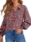 Dokotoo Women's Tops Long Sleeve V Neck Allover Floral Print Chiffon Button Down Shirt Womens Blouses Bohemian Ladies Top Casual Women Shirts Purple UK L