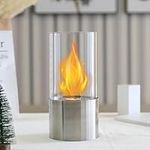 JHY DESIGN Portable Tabletop Fireplace with Cylindrical Glass 25cm High Tabletop Fire Bowl Pot Clean Burning Bio Ethanol Ventless Fireplace for Indoor Outdoor Patio Parties (Silver)