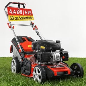 HECHT 5-IN-1 Benzin Rasenmäher – leistungsstarker 4 Takt Eco Motor 4,4 kW (6,0 PS) – Seilzug Starter – mit 53 cm Schnittbreite – 75 l Fangkorb – Radantrieb – patentierte Räder – Mulchmäher