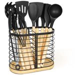 buysigo Kitchen Utensil Holder,Kitchen Countertop Utensil Organizer，Black Stainless Steel Utensil Crock with Bamboo Base For Farmhouse Cooking Utensil Holder Spatula Holder Utensil Organizer